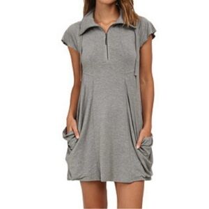 Kensie Drapey Zip Front Jersey Dress Gray Cap sleeves Pockets Size S Casual